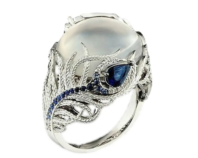 复古女士创意花月光石戒指蓝色锆石孔雀羽毛形状珠宝b2226