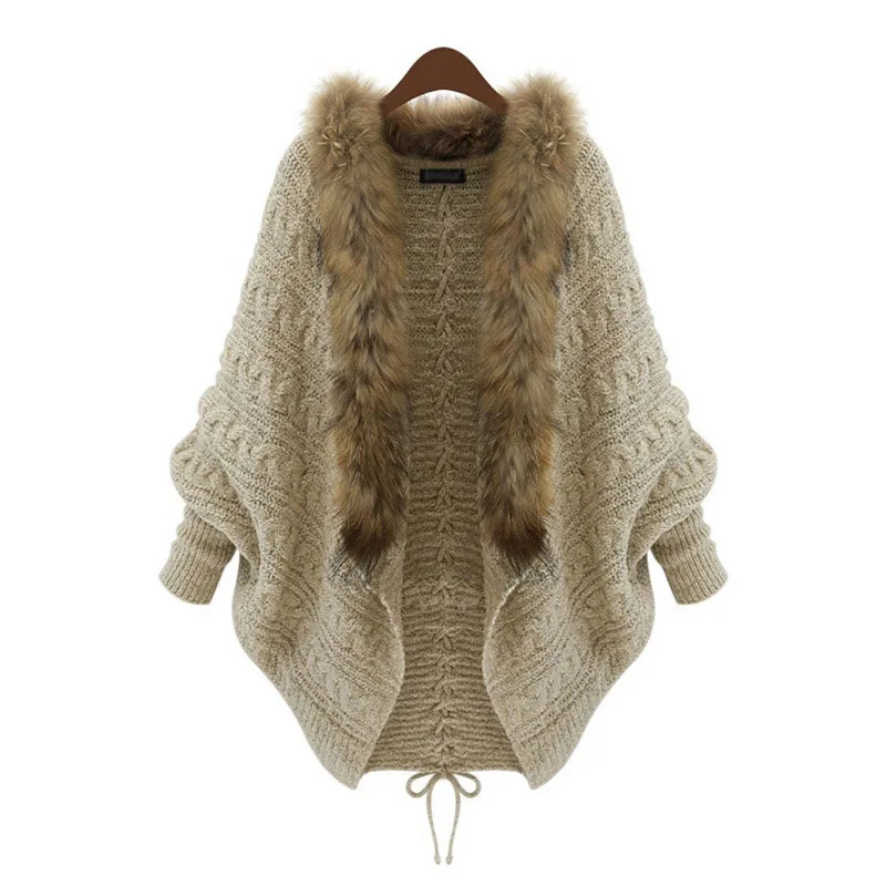 

European Style Fur Collar Bat Sleeve Knitted Cardigan Shawl Coat Winter Sweater