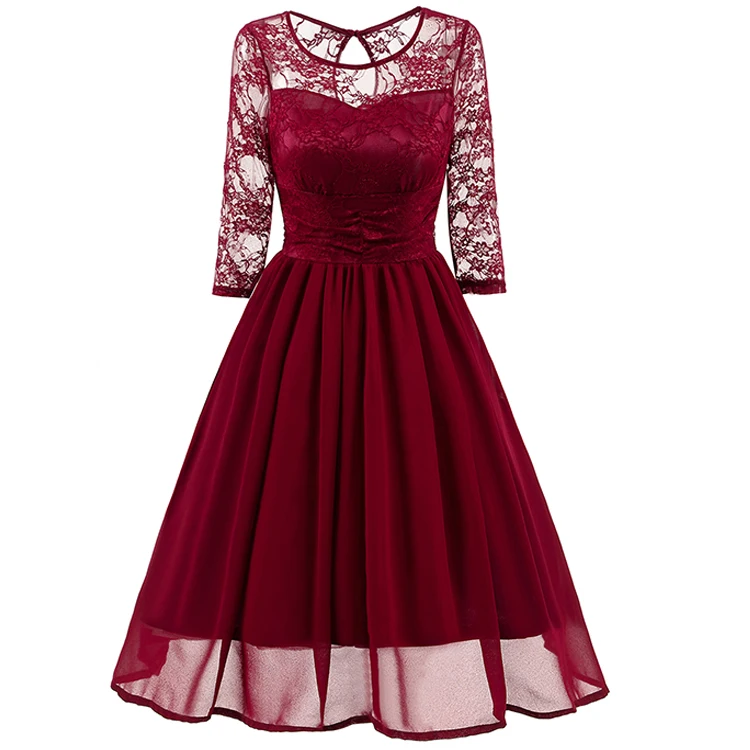 

Round neck tutu chiffon stitching three quarter sleeve slim midi dress elegant lace evening party prom wedding women dress, Black;navy;wine red;dark purple