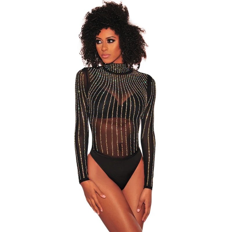 

Cheap Women Black Long Sleeve Rhinestone Sheer Bodysuit