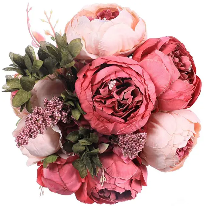 Vintage Artificial 5 Heads Wedding Silk Fake Flower Peony Bouquet Decor Red 
