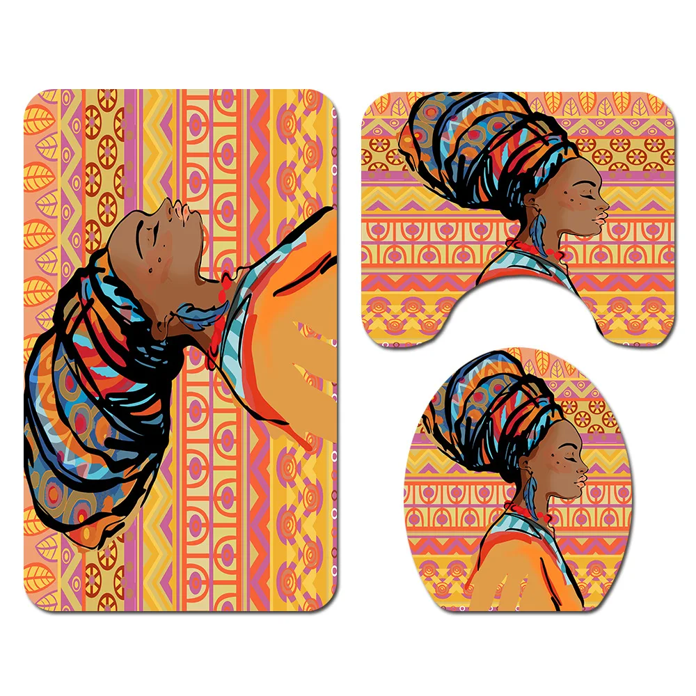 African Women Printing Toilet Pad Cover Bath Mat Set  Four-Piece Shower Curtain