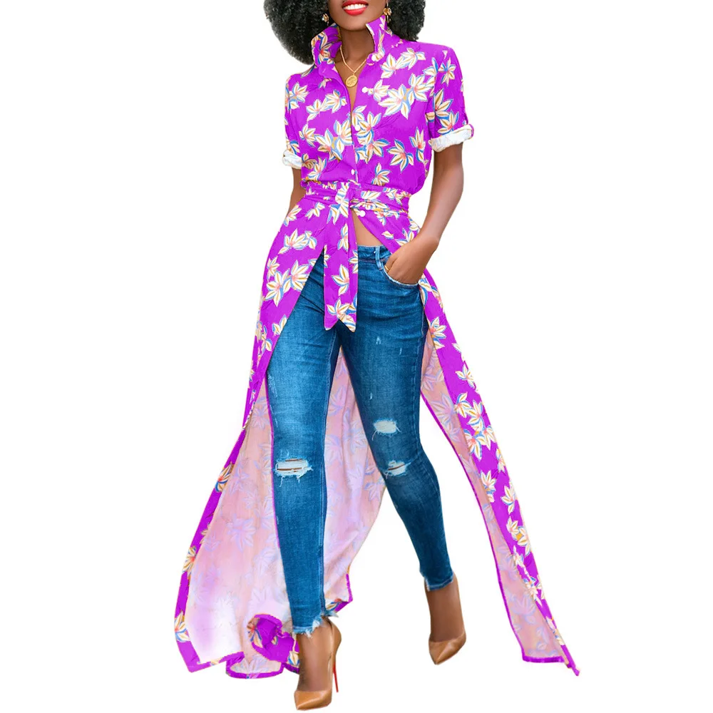 

Summer new windbreaker women' fashion shirt printing lace short-sleeved dress