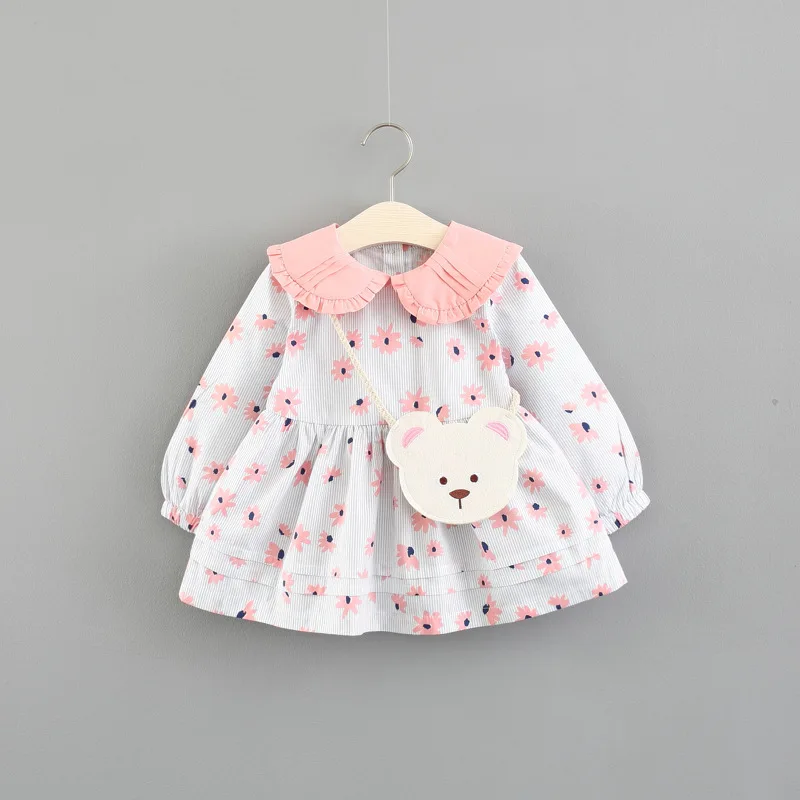 

2019 whosale children korean dress baby girl pure color floral print striped dress girl soft cotton dress with handbag, As picture