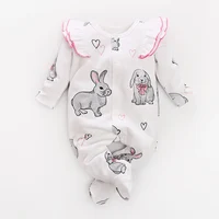 

YIERYING 2019 new female baby 100% cotton shoulder flying sleeve design rabbit print bag foot romper