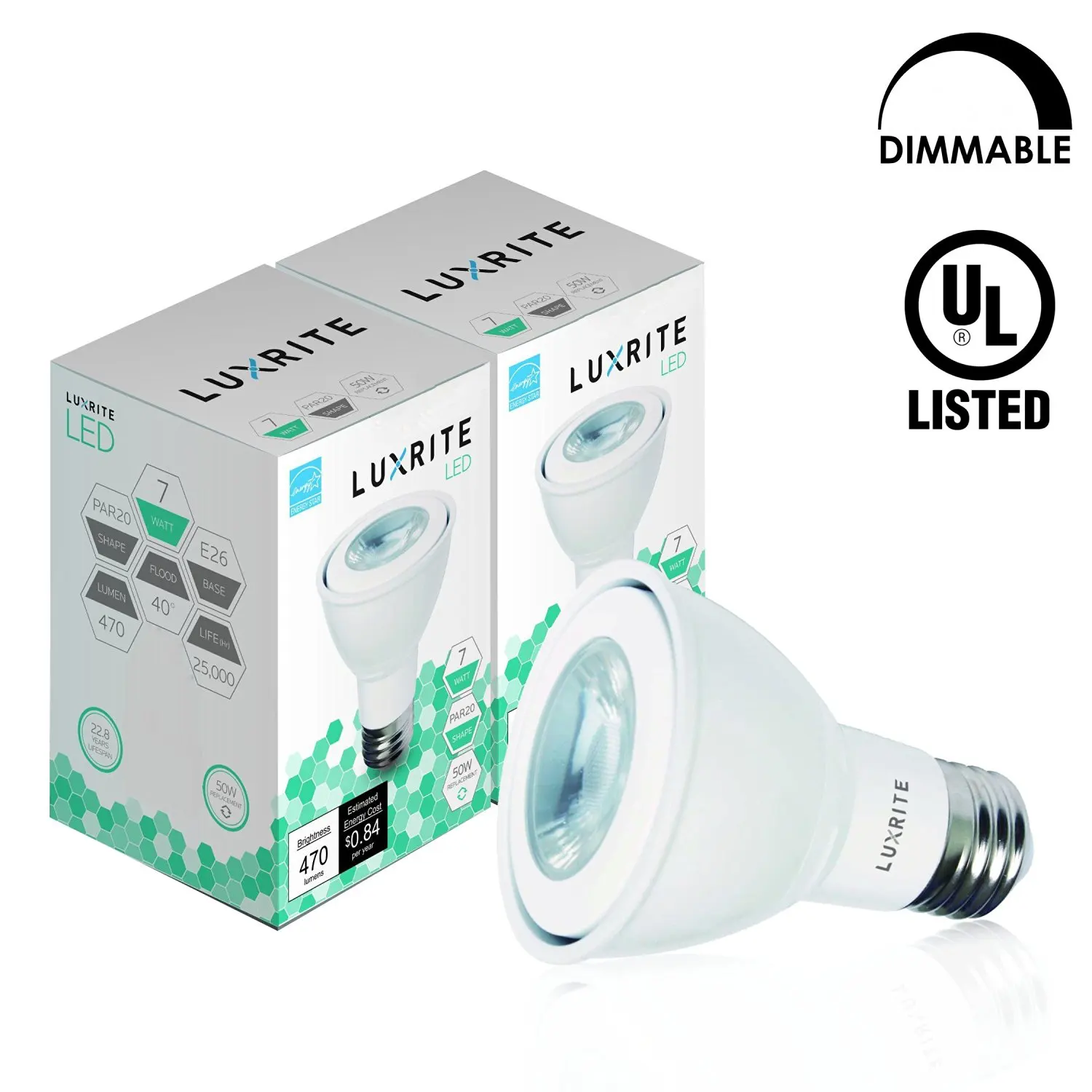 Luxrite LR23123 (2-Pack) PAR20 7-Watt (50w Equivalent) Dimmable (4000K) LED Flood Light Bulb, For Indoor & Damp Locations, 500 Lumens Cool White (Standard E26 Base) UL-listed