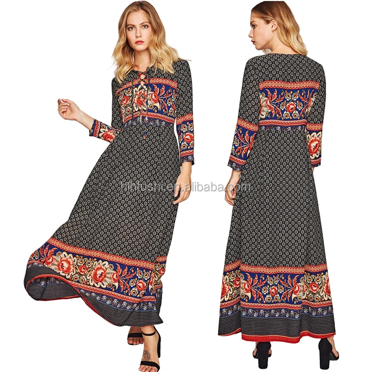 

African style pattern print wholesales ethnic clothing ladies fancy boho long sleeve lace up maxi dresses women, Print or customized