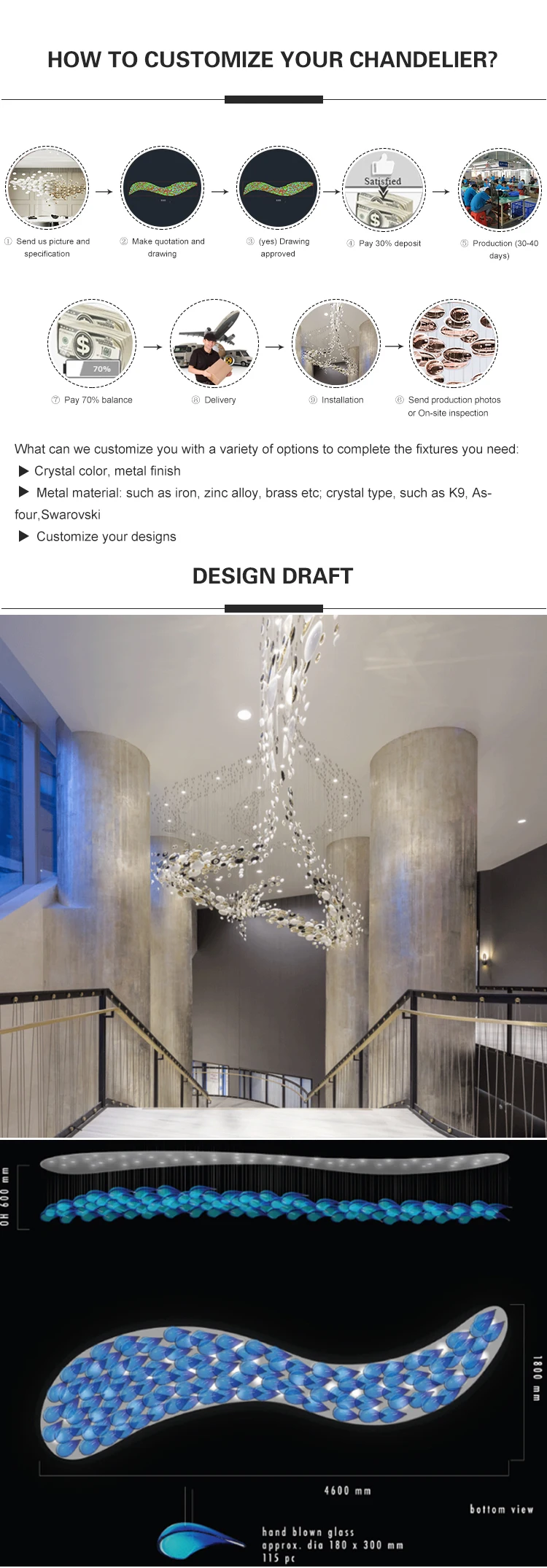 High quality professional one-stop customized hotel club modern luxury crystal led chandelier
