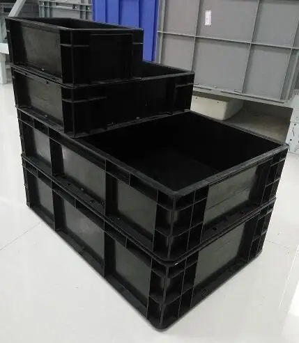 black plastic storage bins