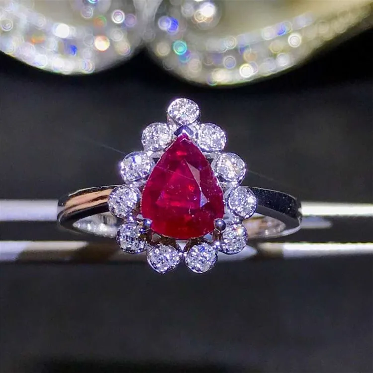 

waterdrop shape gemstone jewelry with diamond 18k gold 0.82ct natural unheated pigeon blood red ruby ring for women