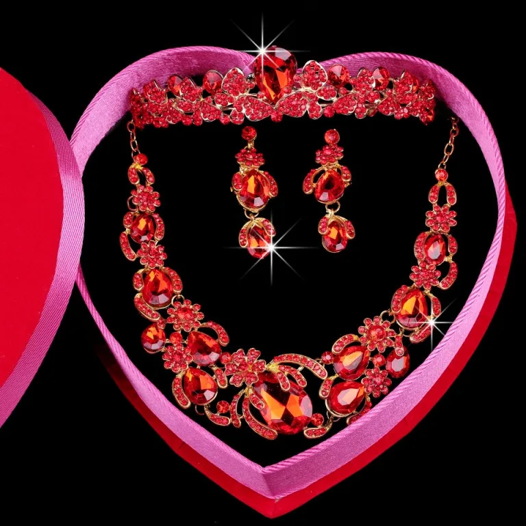 

Red Big Size Crystal Jewelry Sets For Wedding Party Brides Wear (Necklace+Earring+Crown) F39867 Statement Necklace Set