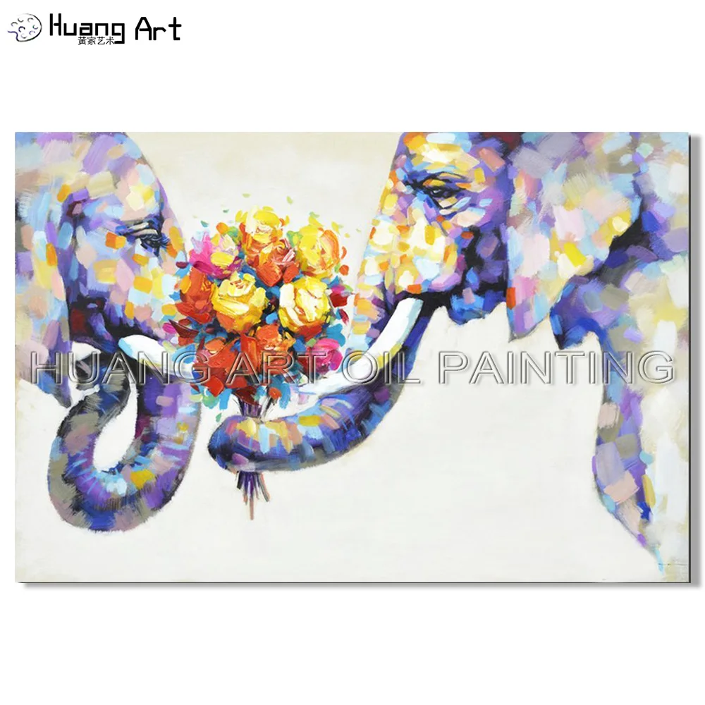 

Pure Hand Painted Romance Elephants Textured Oil Painting on Canvas Knife Modern Love Animal Acrylic Painting for Room Decor, View the pictures