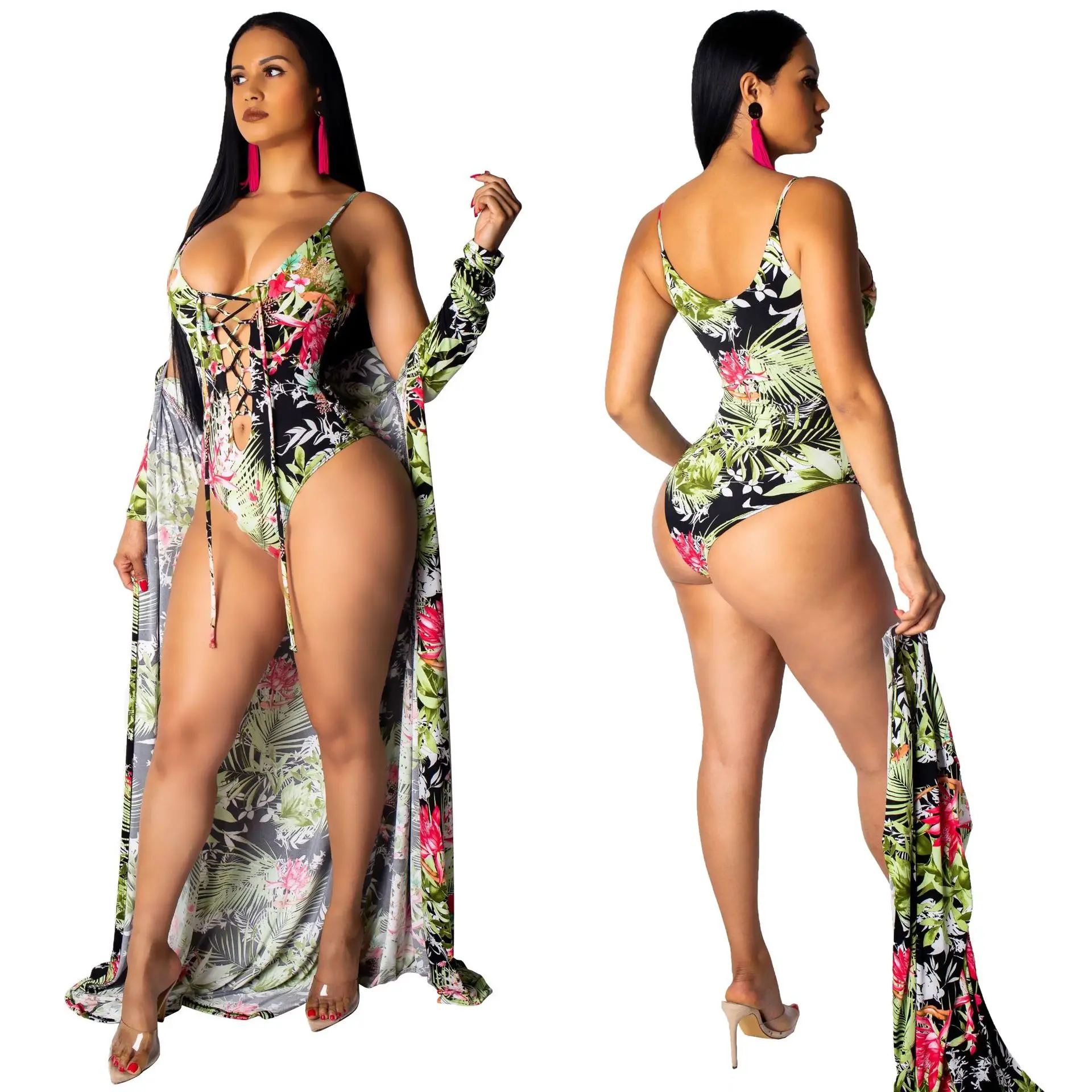 

9031926 2019 swimsuit fashion sexy floral print one-piece swimsuit with cover up, N/a