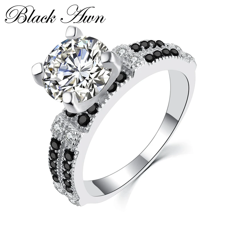 

[BLACK AWN] Fine Jewelry 100% Genuine 925 Sterling Silver Ring Black&White Stone Engagement Rings for Women Bague C041