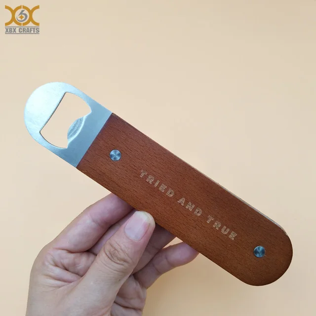 

Custom Personalized Printing Laser Engrave Logo Wooden Handle Bottle Opener, Steel/ silver plating