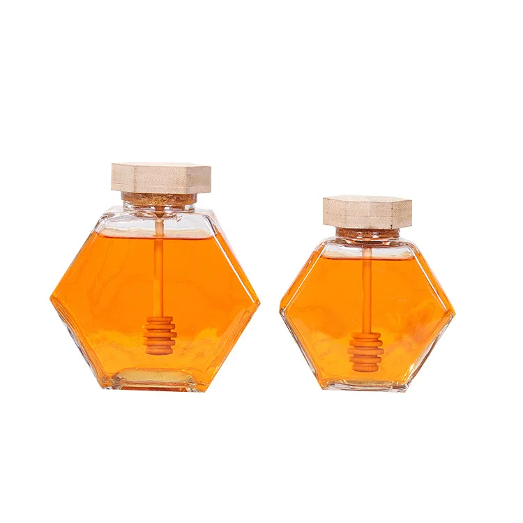 

Mini Small Honey Bottle Container Hexagon Honey Jar With Dipper, Colorful/transparent