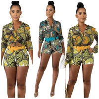 

Women's Fashion Tops Blouse With Shorts Two Piece Sets 2019 Latest Design office outift With Belt