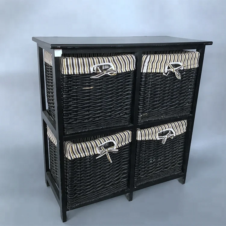 
black wood handmade cabinet with four big willow basket drawer for storage 