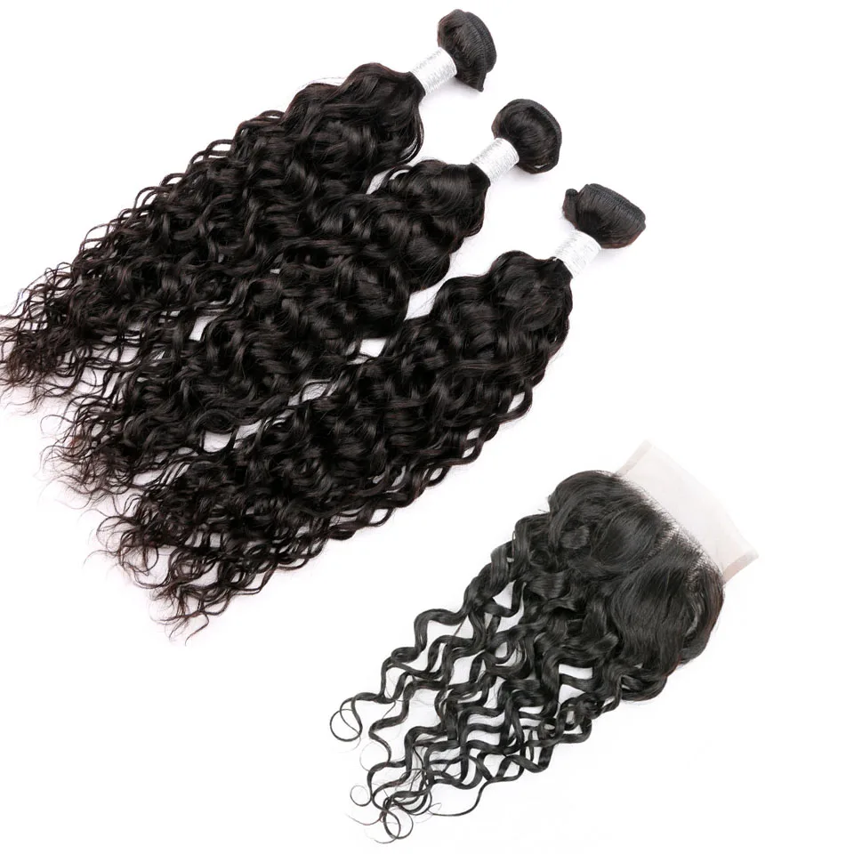 

Top Quality 100% Unprocessed Human Hair Bundles With 4*4 Lace Closure Water Wave Virgin Hair Weave Extensions Natural Black, N/a