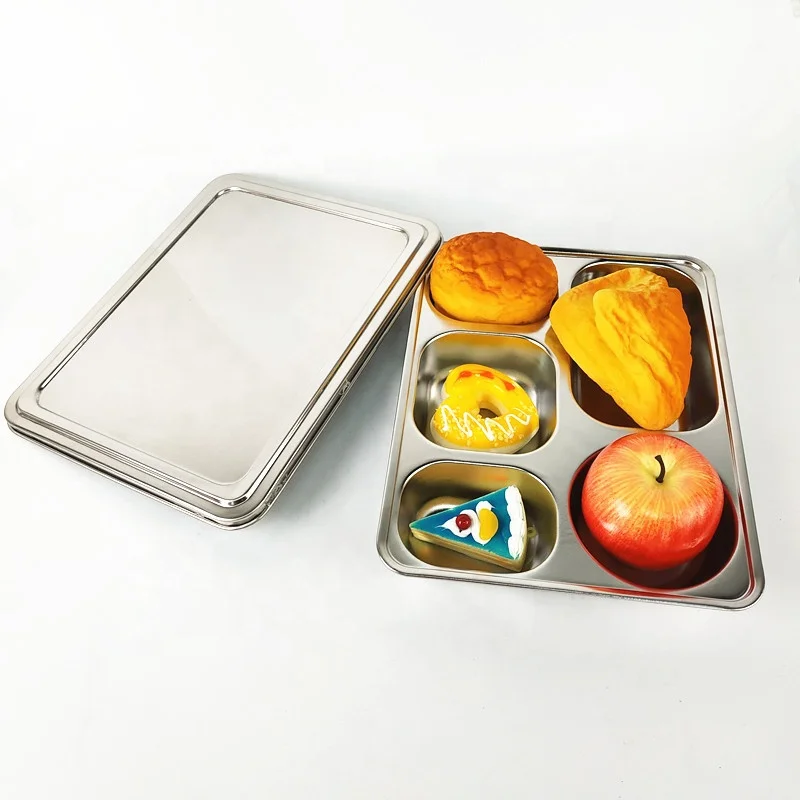 

Amazon hot sale stainless steel restaurant serving dish / fast food tray / school dinner plate with lid, Silver