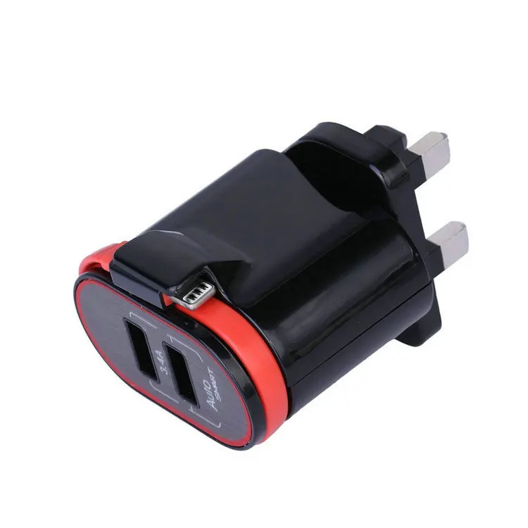 

Portable 3.4A 17W 2 port dual USB 3 pin UK wall travel charger adapter, Black+red cable;white+red cable;other color