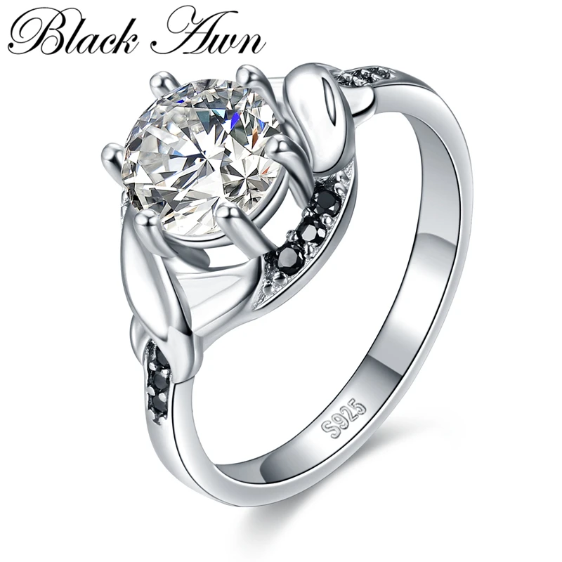 

[BLACK AWN] 925 Sterling Silver Ring Trendy Engagement Rings for Women Round Female Bague Sterling Silver Jewelry G076