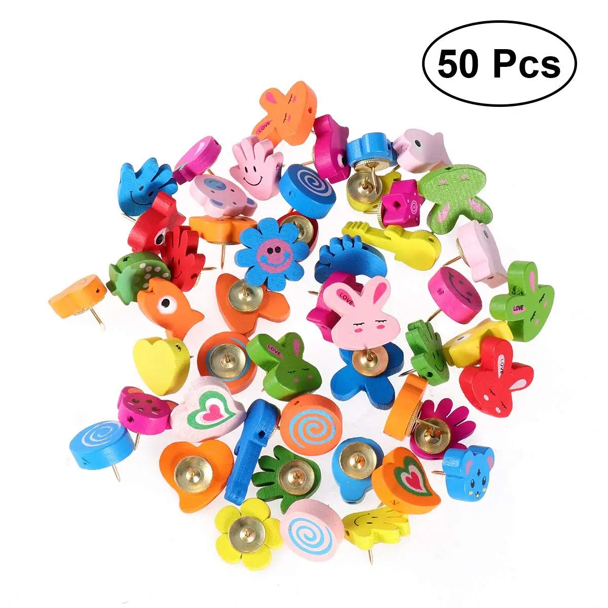 NUOLUX 50 PCS Push Pins, Wooden Bulletin Board Borders Pushpins, Lovely Cartoon Shape Thumb Tacks, Thumbtacks Decorative for Corkboard Office School Home Supplies (Random Color and Pattern)