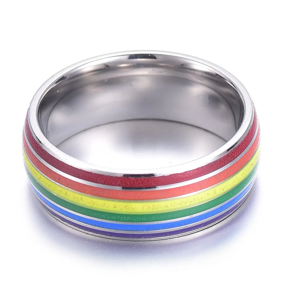 8mm Titanium Stainless Steel Rainbow Enamel Gay Lesbian Wedding Engagement Promise Band Pride 