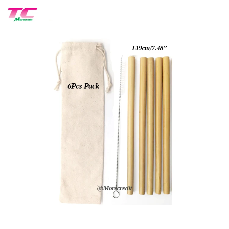 

Morecredit Wholesale19cm 100% Organic Natural Drinking Straws Custom 6Pcs Pack Biodegradable Bamboo Straw With Drawstring Bag, Natural bamboo color