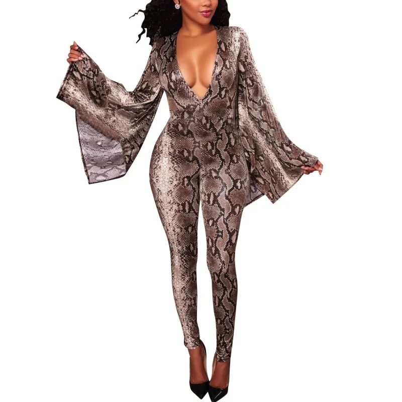 

Slim Fit Sexy Club Jumpsuit Deep V Neck Bell Sleeve Snake Skin Print Long Jumpsuits Bodycon Women Rompers Spring Wear EN324, N/a