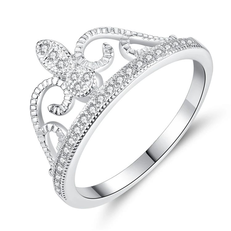 

Simple Style Qings Brass Crown Ring Plated Platinum Zircon Ring For Girls, Silver