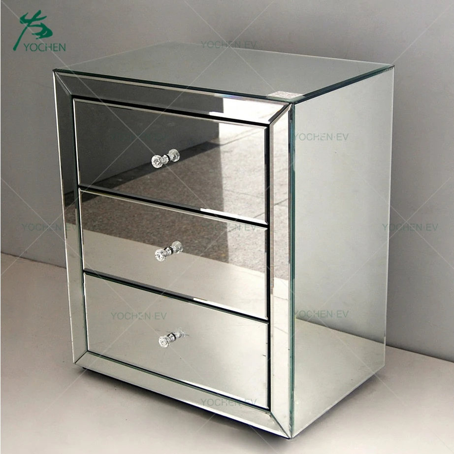 
Silver Glass 3 Drawer Mirrored Bedside Table Cabinet  (60537821951)