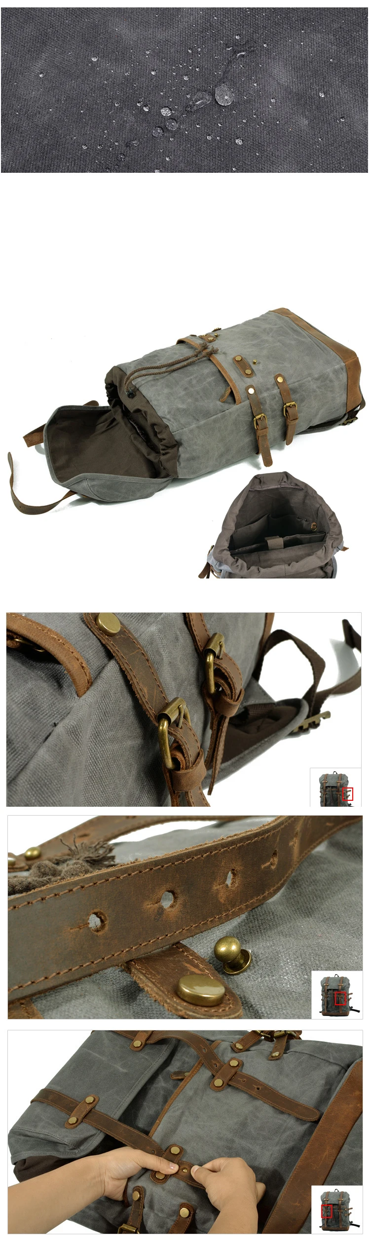 2018 New design waxed retro canvas waterproof causal stylish rucksack bag backpack back pack leather trim