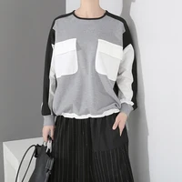 

2019 Women Cotton Loose Gray Jumper Pullovers Sweatshirt With Pockets Patchwork Design Oversized Unique Casual Sweatshirts