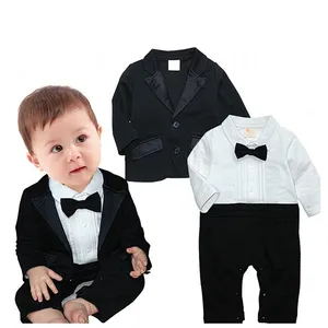 Baby Boy Jumpsuit Romper 2Pcs Long Sleeve Toddler Tuxedo Gentleman Clothes Outfit With Bowtie Coat Boys Wedding Suits Y10701 2