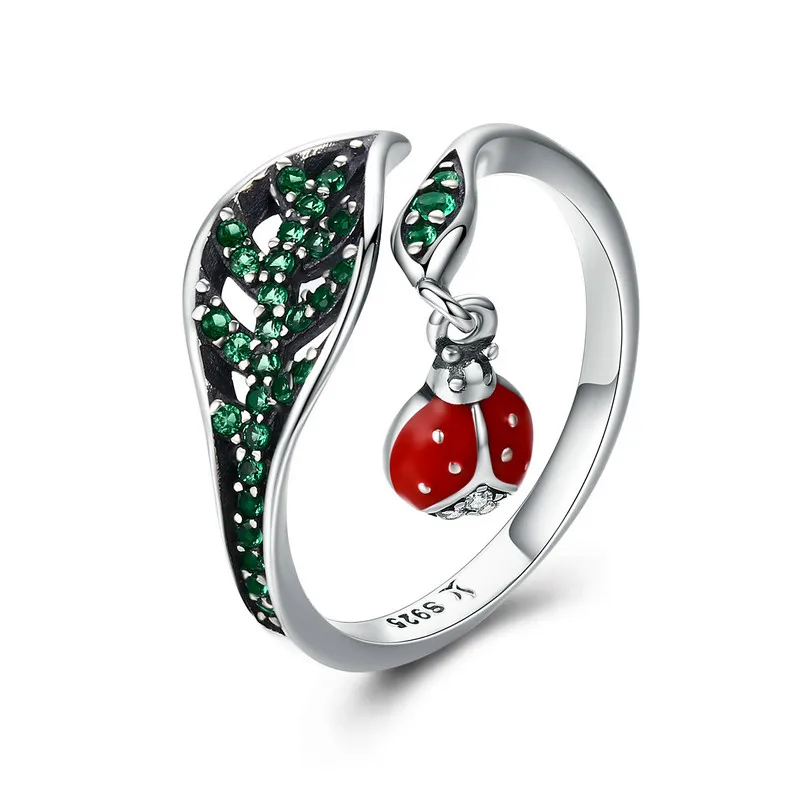 

New Trendy 925 Sterling Silver Resting Ladybug Dangle in Tree Leaves Finger Rings