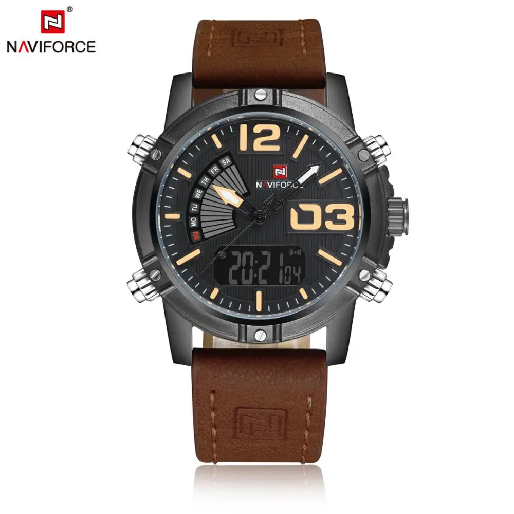 

Naviforce 9095 Mens Japan Quartz Wristwatch Leather Band Casual Nice Watches For Men, As picture