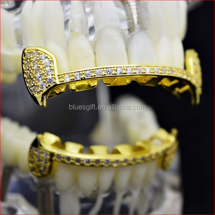

18K Real Gold Plated Hip Hop cz Slim Half zircon teeth grillz for body jewelry TG134, Silver, real gold