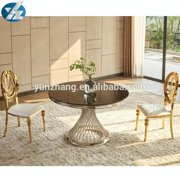 
Hotel Gold Stainless Steel Mirror Glass Top Wedding Dining Table 