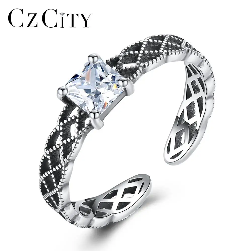 

CZCITY Vintage Silver Princess Cut Clear 925 Sterling Cz Chain 5A Cubic Zirconia Black Ring
