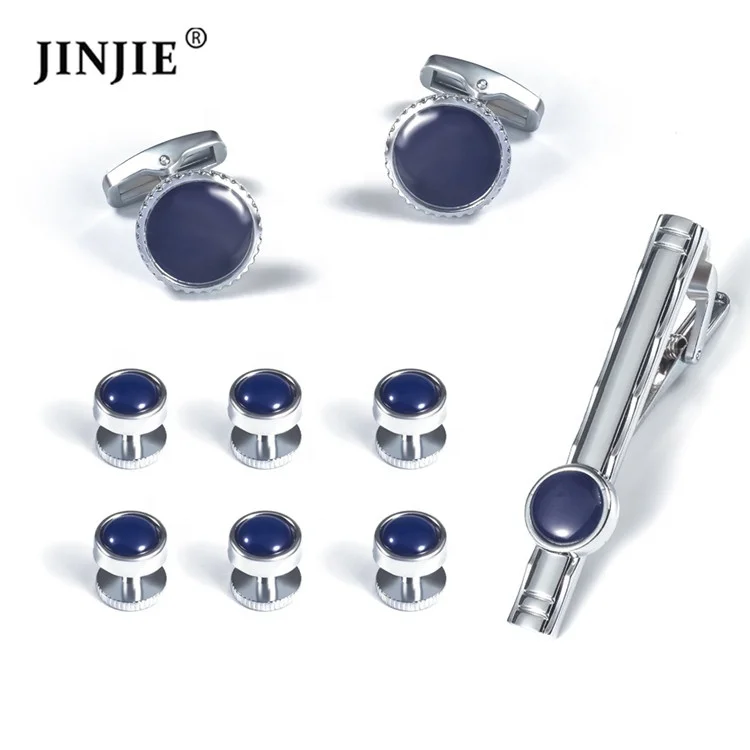 

Best selling brass metal silver plated dark blue tie clip and cuff links with studs