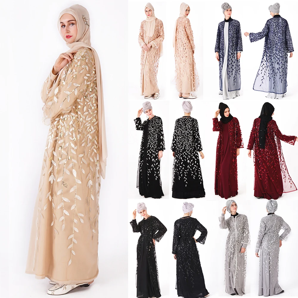 

2019 Abaya Islamic Clothing Floral Sequins Open Front Kimono Long Sleeve Cardigan for Evening Prom Kaftan Abaya Muslim Dresses