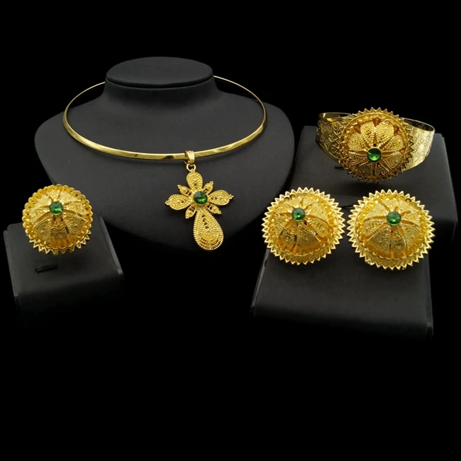 

Yulaili Big Pendant New Fashion Gold Plated Green Crystal Ethiopian Traditional Jewelry Set