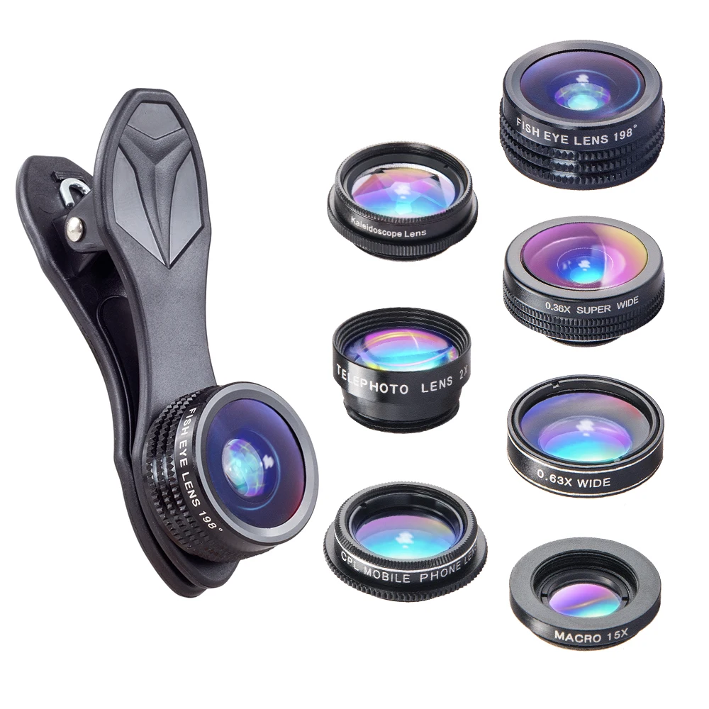 Apexel trending Deluxe cell phone lens 2x zoom 7in1 lens kit camera lenses for mobile phone