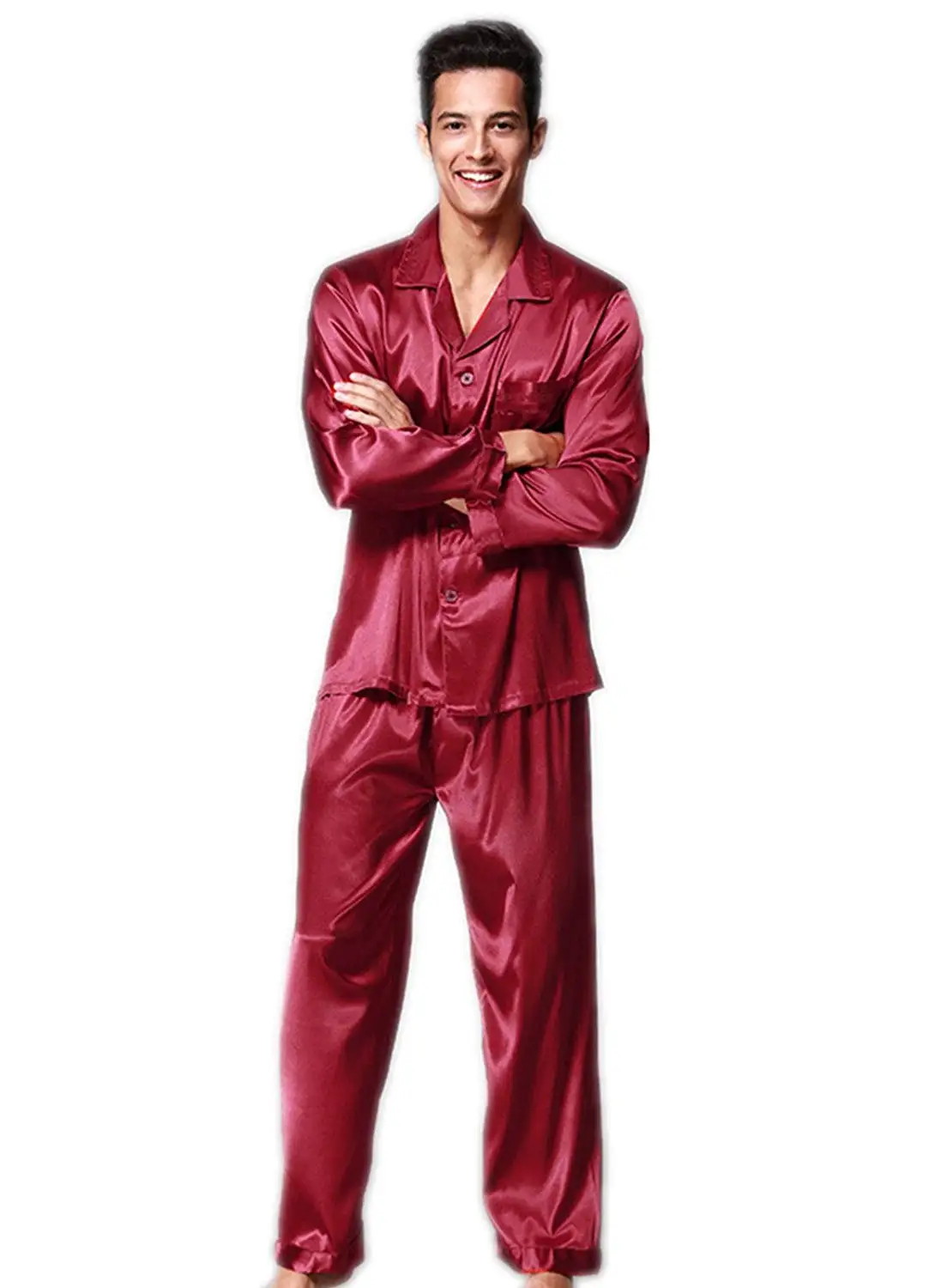 Susan1999 Men Printed Satin Silk Pyjamas Male Sleepwear Loungewear Short Sleeves Long Pants Pajama Set