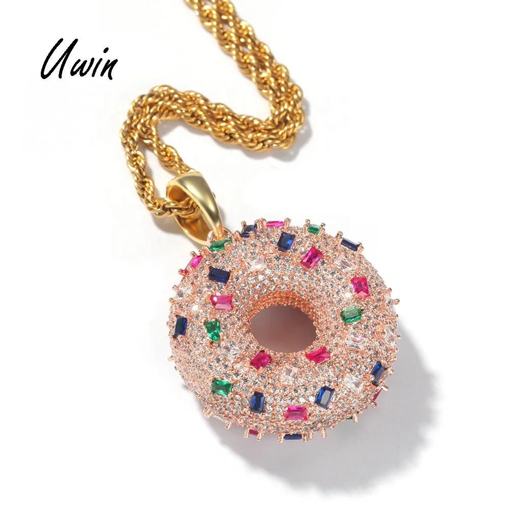 

Bling Hip Hop Donut Jewelry CZ Pendant Multi Colored Zirconia Pendant for Men, Rose gold