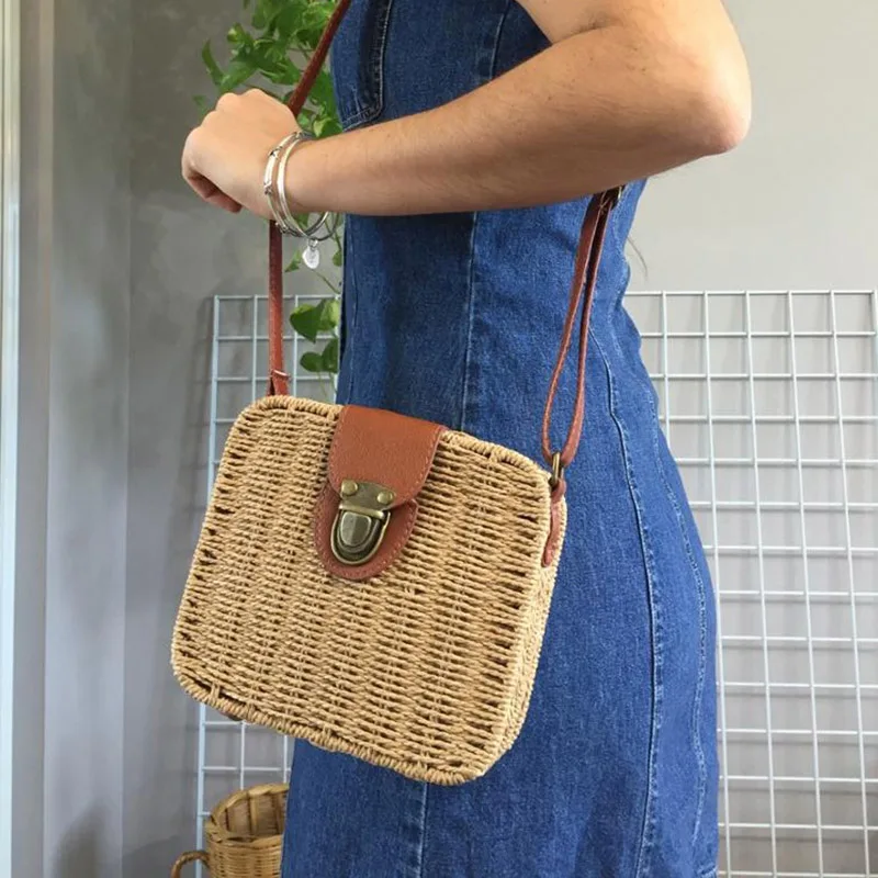 

Hot Summer Women Straw Bag Ladies Small Shoulder Bags Bohemia Beach Shoulder Bag Vintage Lock Square Handbags, Same as photos