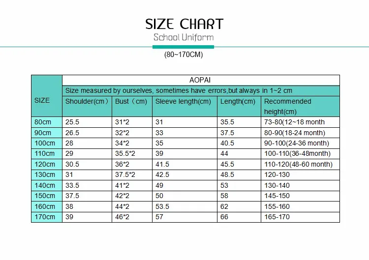 School Uniform Measurement Chart