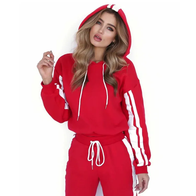 New Fashion Ladies Stripe Contrast Stitching Two-piece suit Women's Casual Warm Track Suit