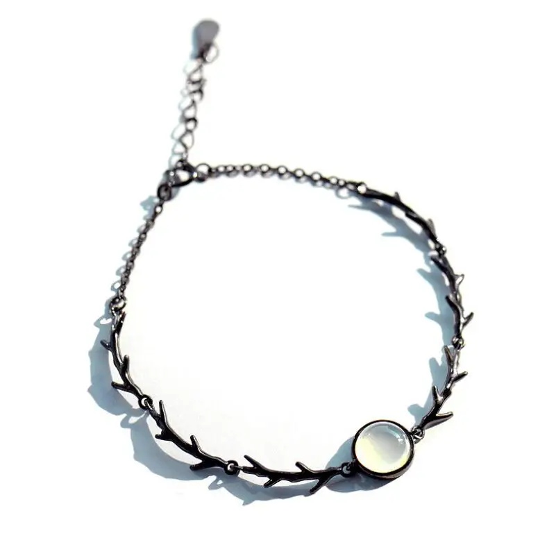 

Flowers black buds creative roses thorns silver bracelet moonlight stone, N/a